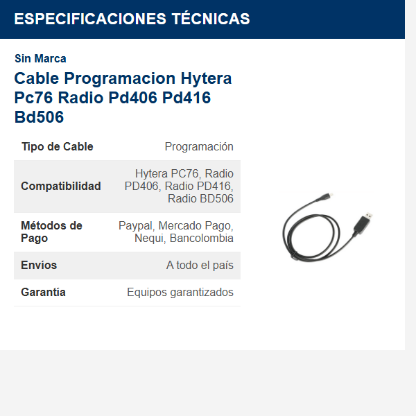Cable Programacion Hytera Pc76 Radio Pd406 Pd416 Bd506